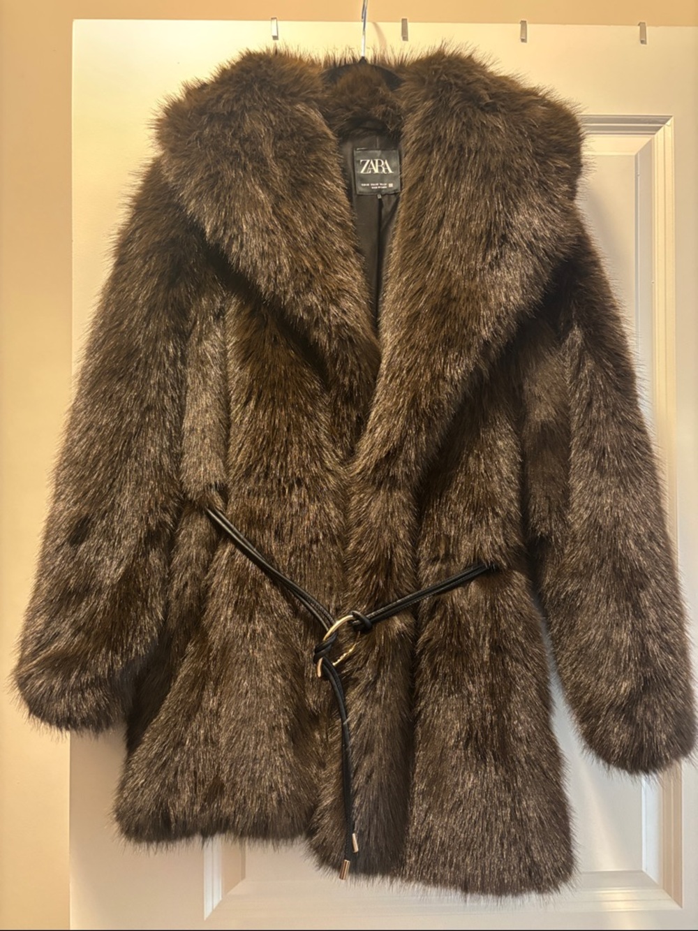 Zara Chocolate Brown Faux Fur Coat with Belt - Picture 5 of 6